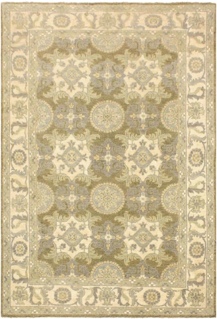 handmade Transitional Kafkaz Lt. Green Ivory Hand Knotted RECTANGLE 100% WOOL area rug 4X6