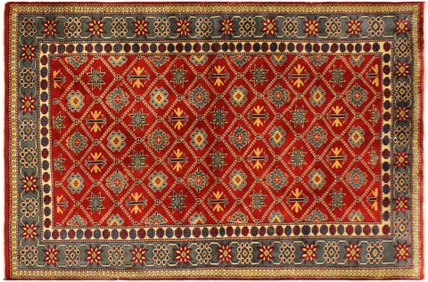 handmade Geometric Sherwan Red Gray Hand Knotted RECTANGLE 100% WOOL area rug 4x6
