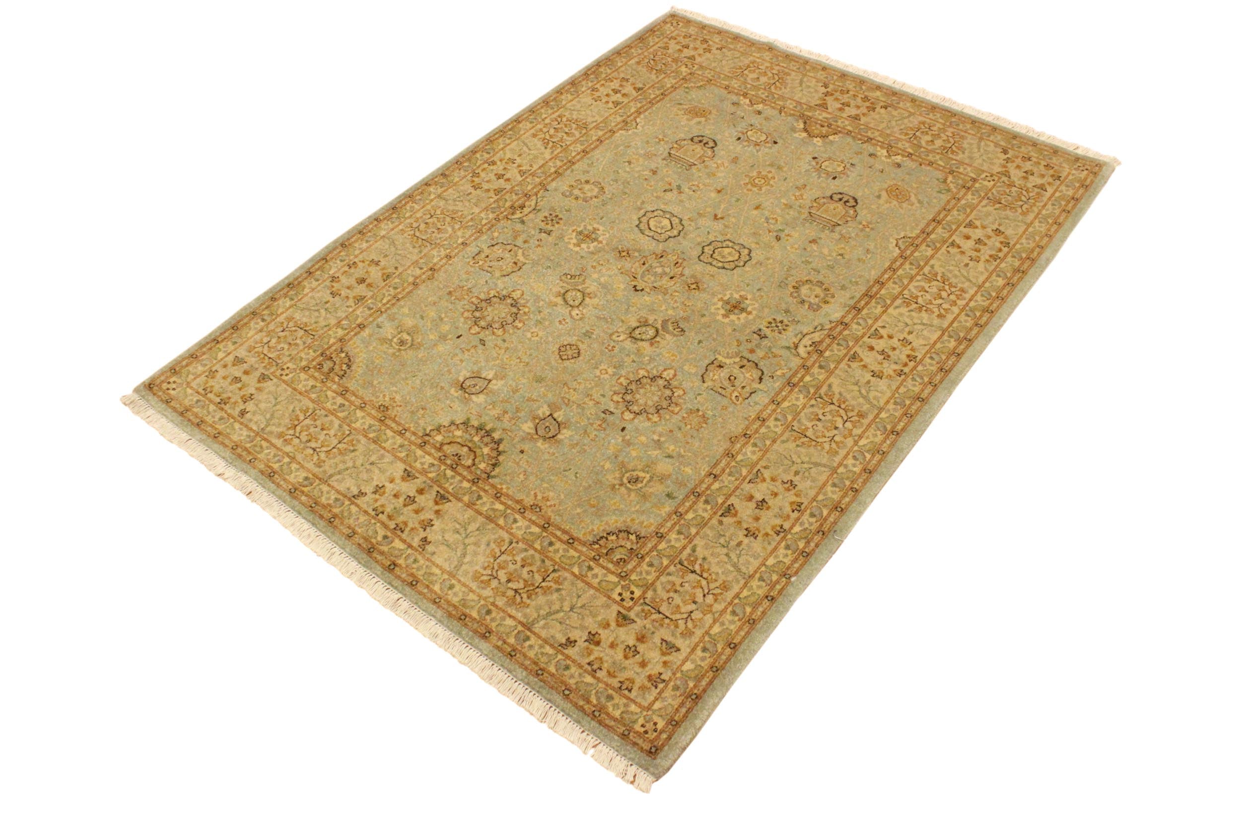 handmade Traditional Design Lt. Blue Gold Hand Knotted RECTANGLE 100% WOOL area rug 4' x 6'