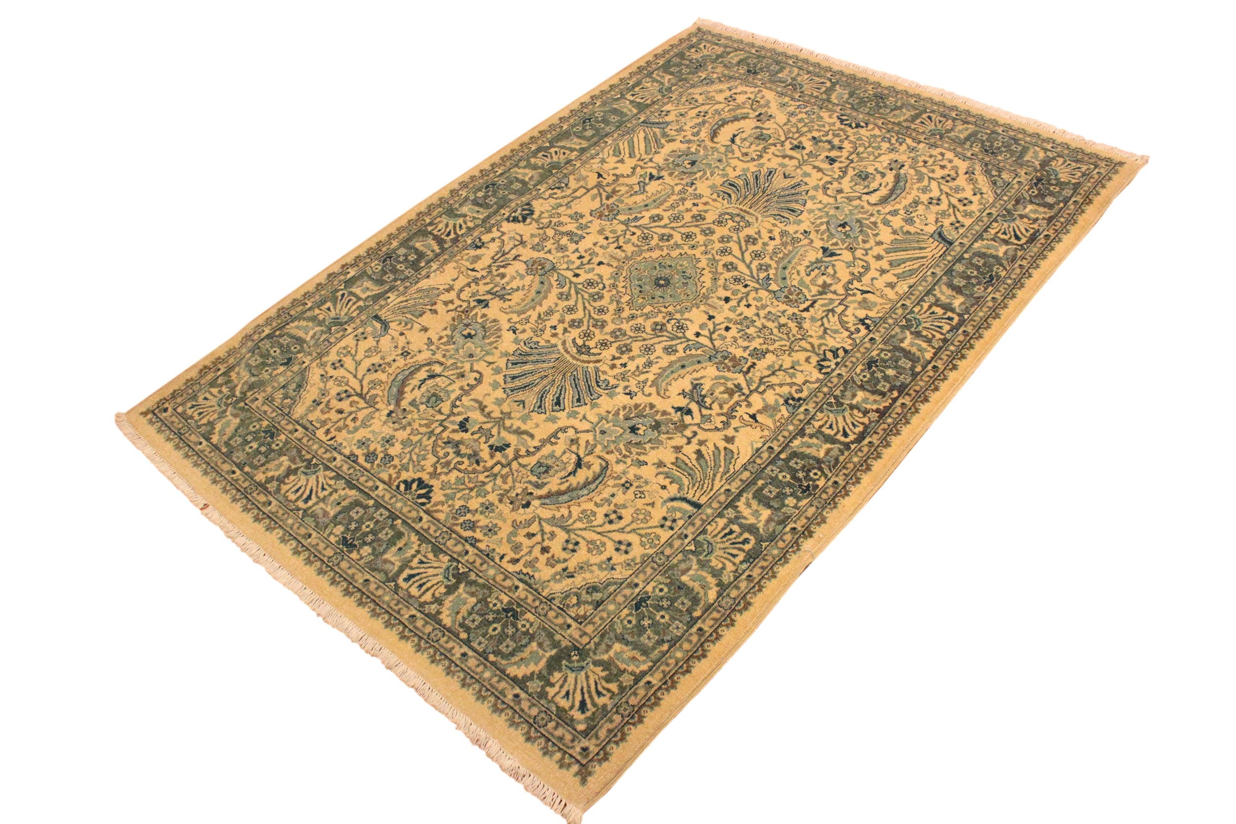 handmade Traditional Design Ivory Lt. Green Hand Knotted RECTANGLE 100% WOOL area rug 4' x 6'