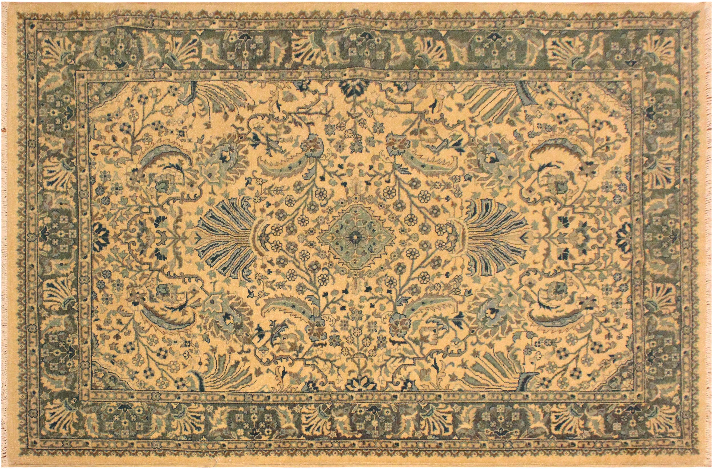 handmade Traditional Design Ivory Lt. Green Hand Knotted RECTANGLE 100% WOOL area rug 4' x 6'