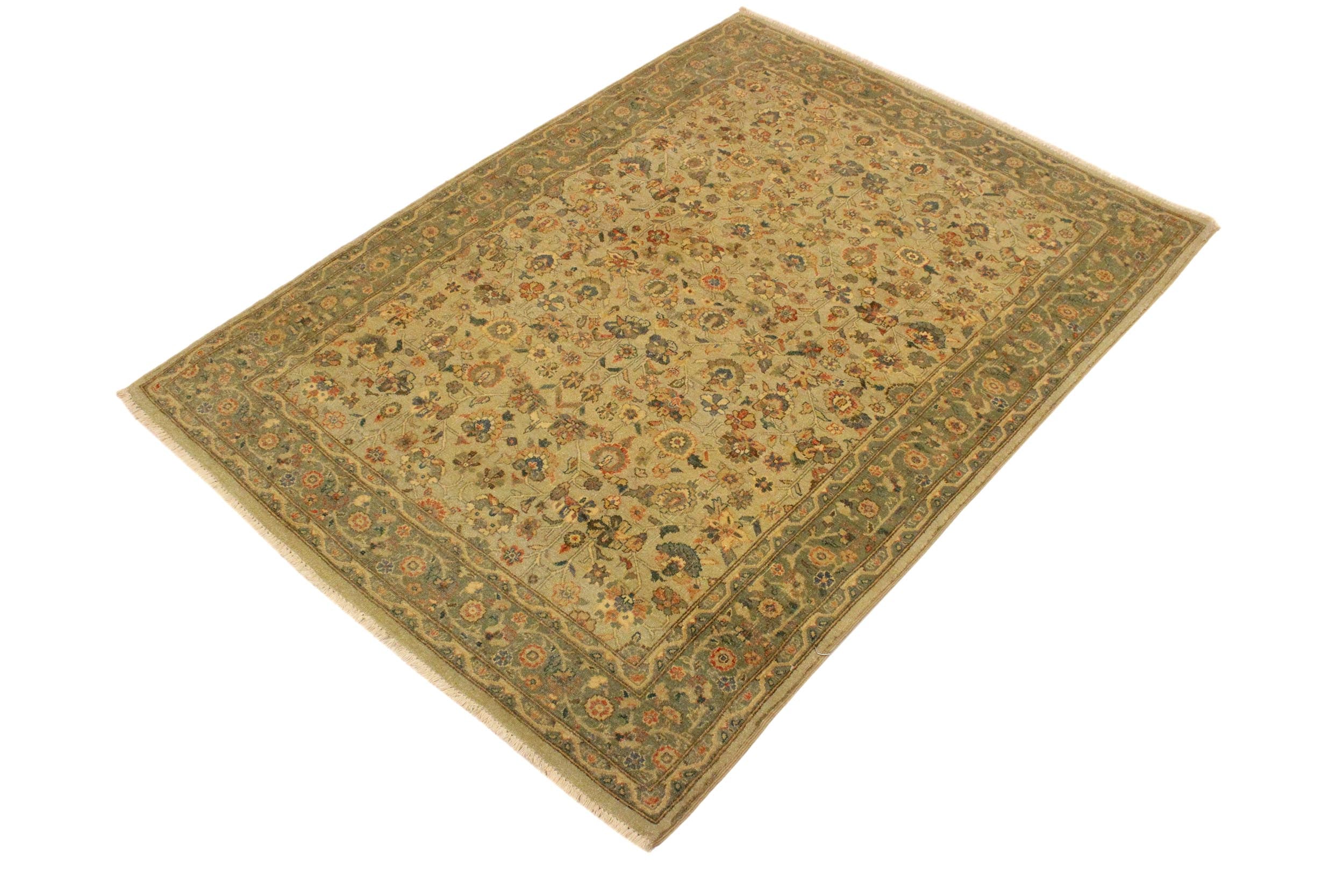 handmade Traditional Design Tan Green Hand Knotted RECTANGLE 100% WOOL area rug 4' x 6'