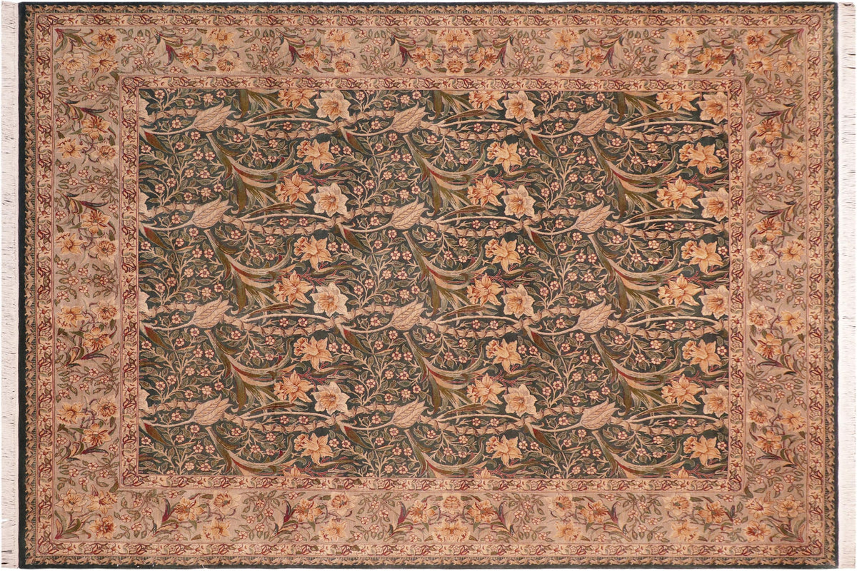 handmade Transitional Dafodils Green Gray Hand Knotted RECTANGLE 100% WOOL area rug 8x10