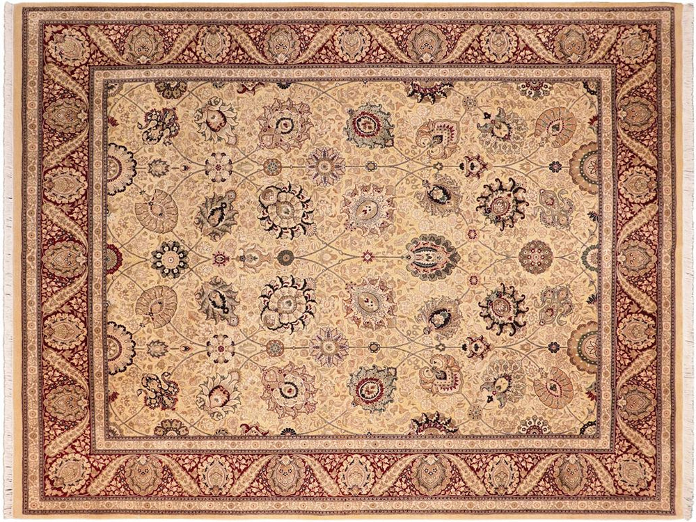 handmade Traditional Mubashar Beige Red Hand Knotted RECTANGLE 100% WOOL area rug 8x10