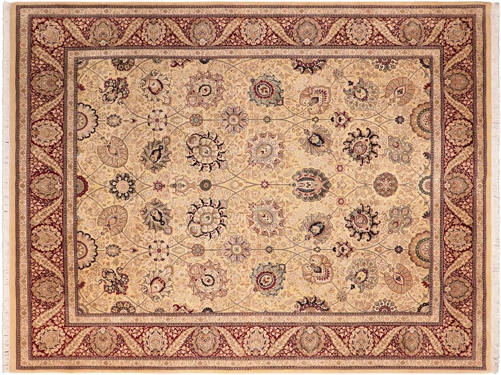 handmade Traditional Mubashar Beige Red Hand Knotted RECTANGLE 100% WOOL area rug 8x10