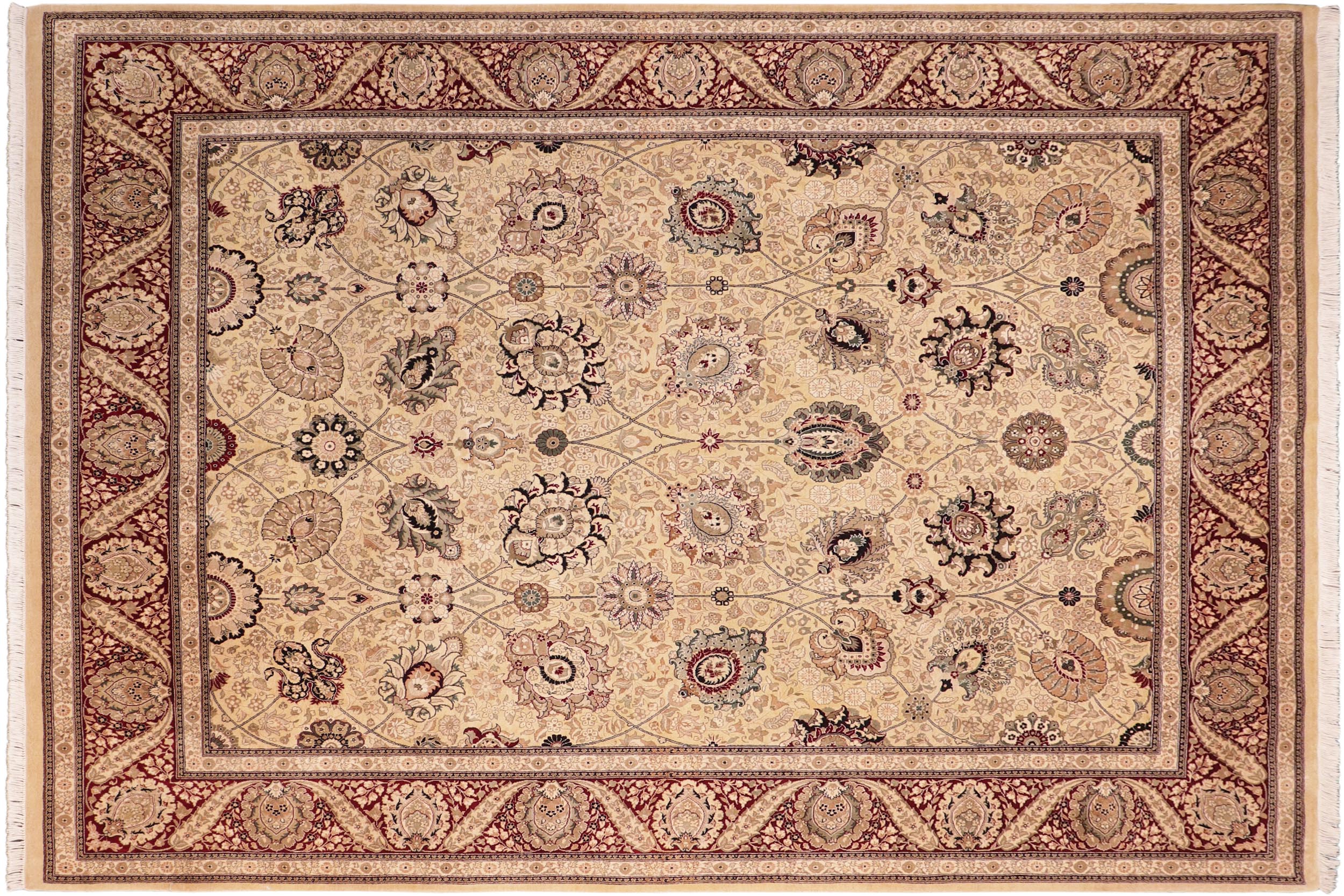 handmade Traditional Mubashar Beige Red Hand Knotted RECTANGLE 100% WOOL area rug 8x10