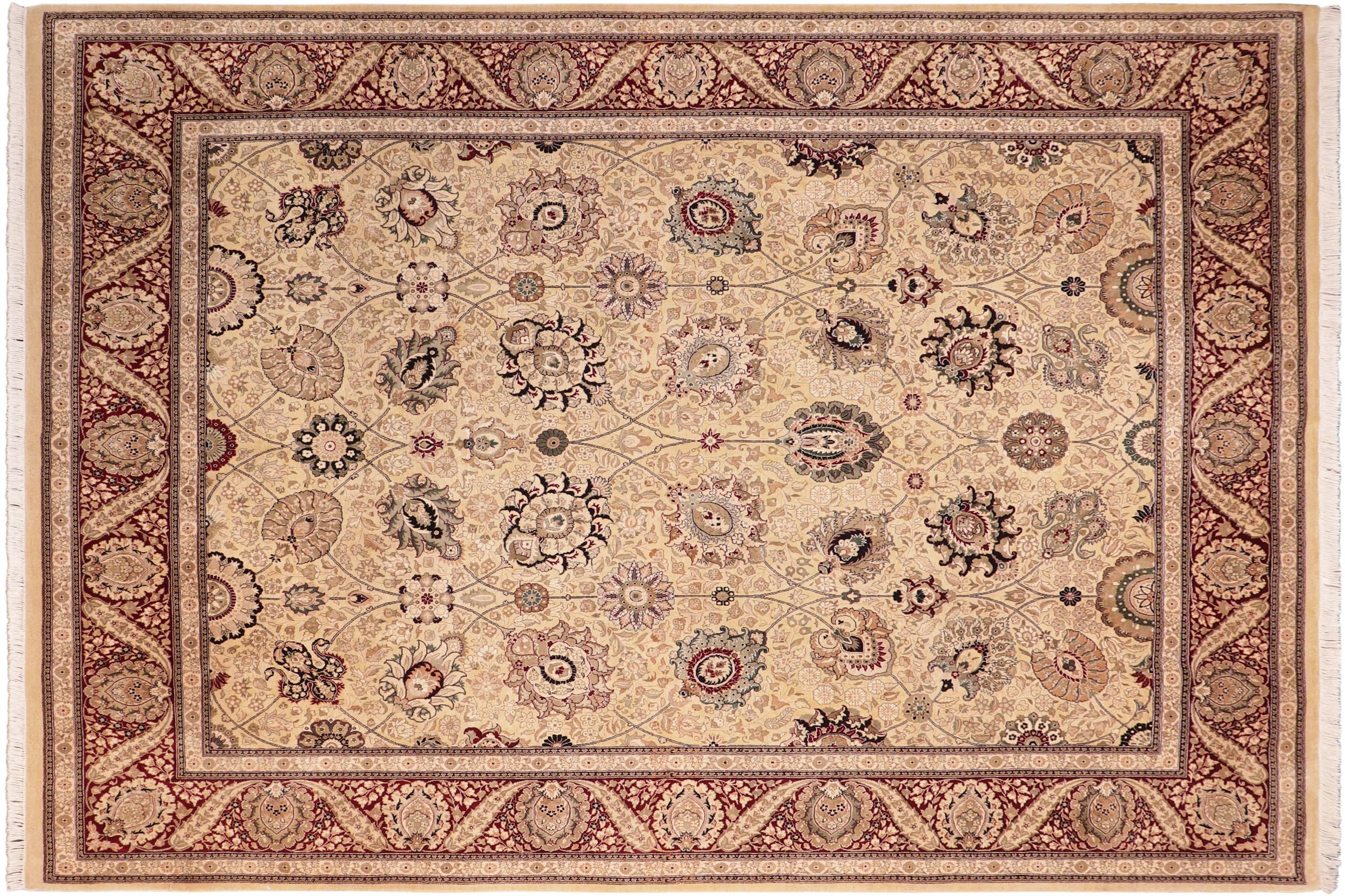 handmade Traditional Mubashar Beige Red Hand Knotted RECTANGLE 100% WOOL area rug 8x10