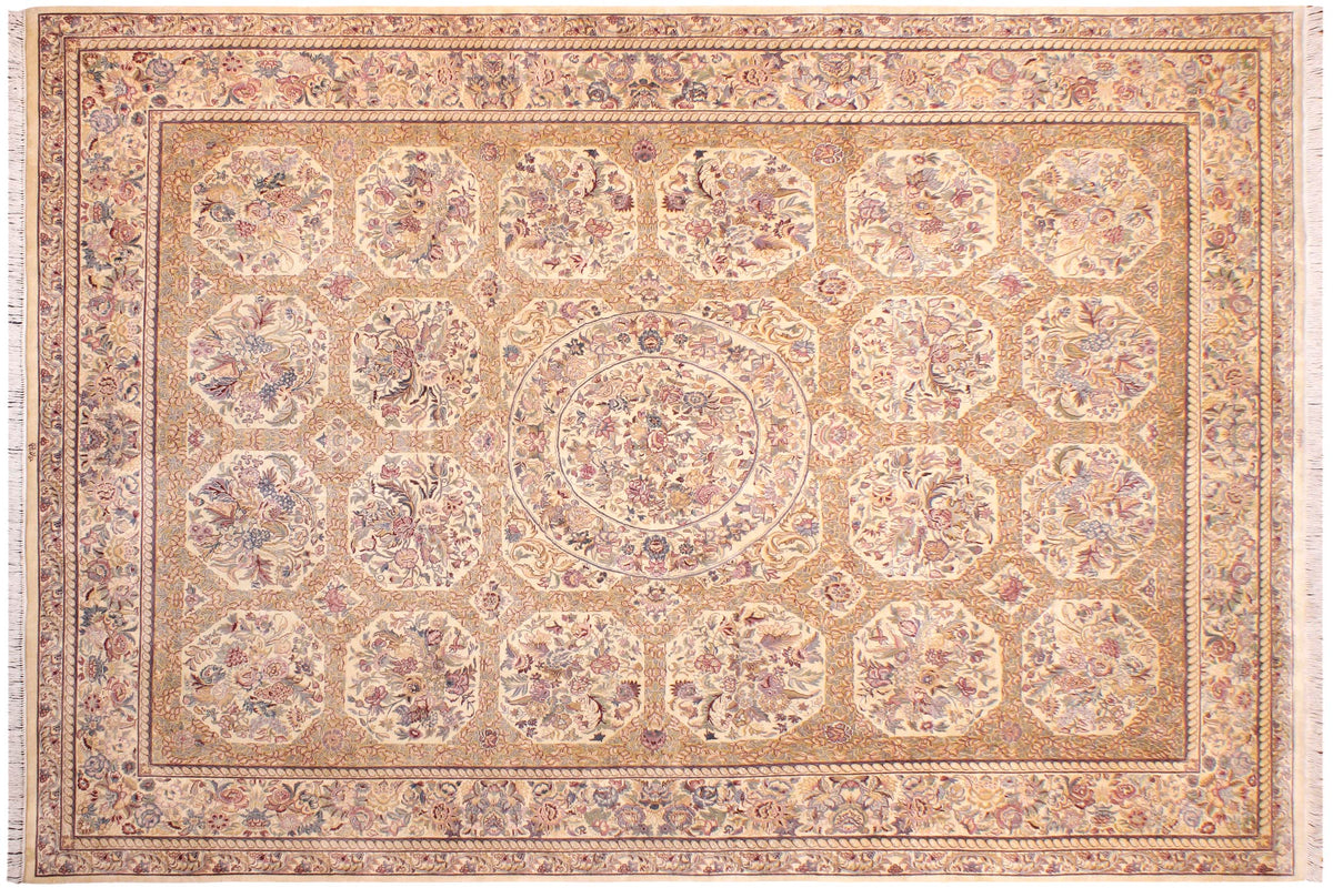 handmade Traditional Nazakat Beige Gold Hand Knotted RECTANGLE 100% WOOL area rug 9x12