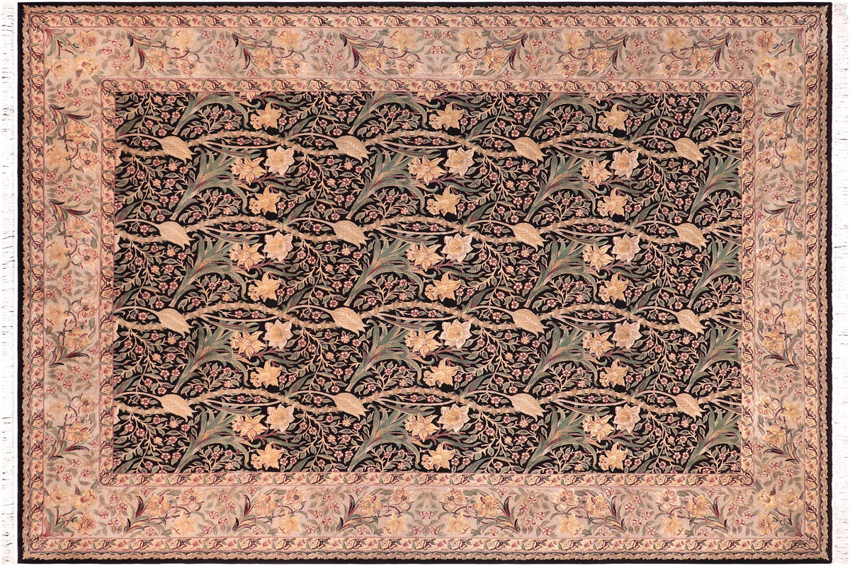 handmade Transitional Dafodils Black Taupe Hand Knotted RECTANGLE 100% WOOL area rug 9x12