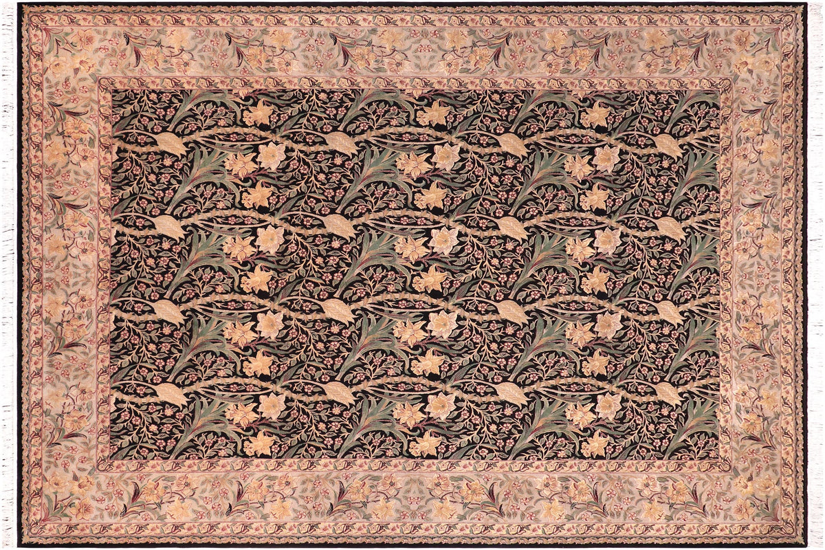 handmade Transitional Dafodils Black Taupe Hand Knotted RECTANGLE 100% WOOL area rug 9x12