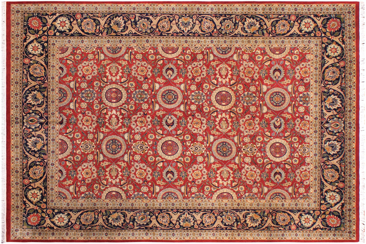 handmade Transitional Agra Tabriz Red Blue Hand Knotted RECTANGLE 100% WOOL area rug 9x12