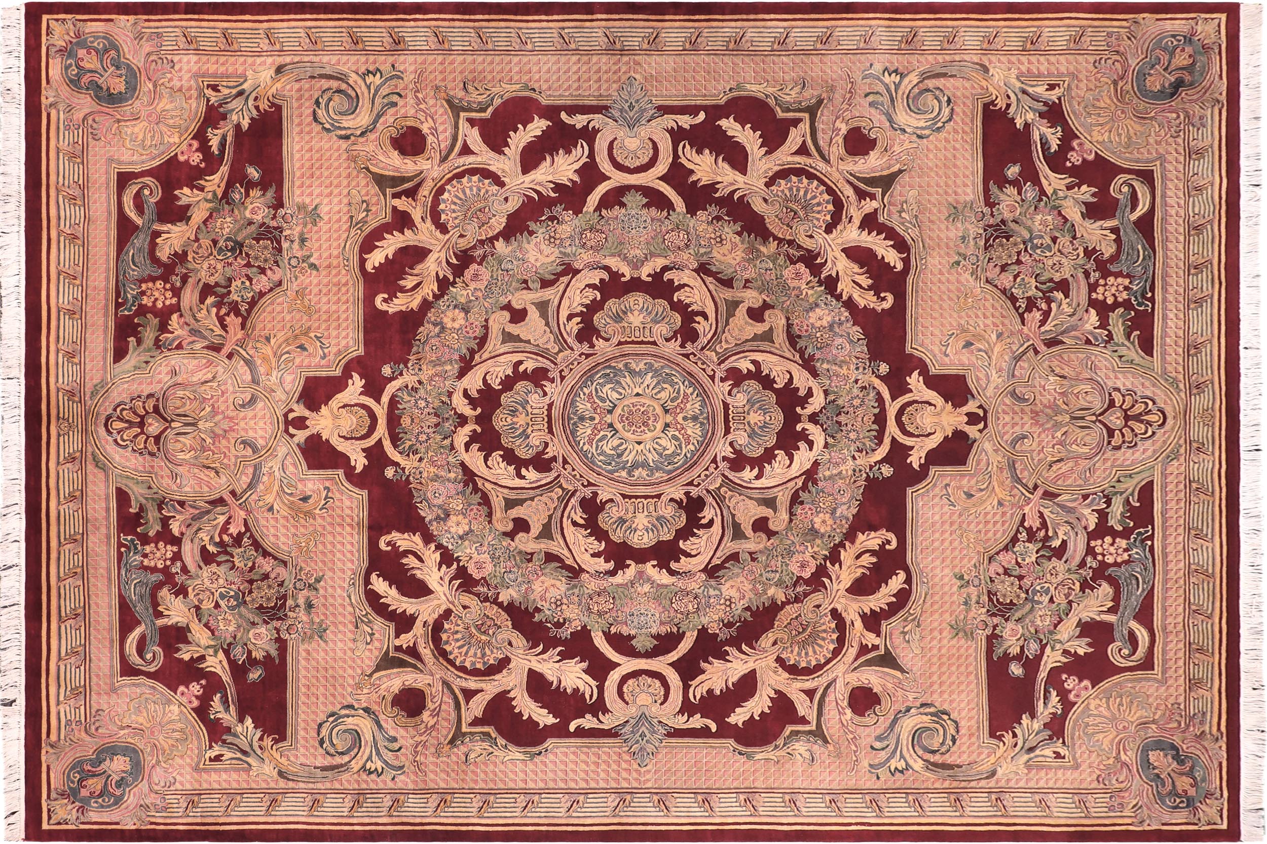 handmade Traditional Savonarrie Red Pink Hand Knotted RECTANGLE 100% WOOL area rug 9x12