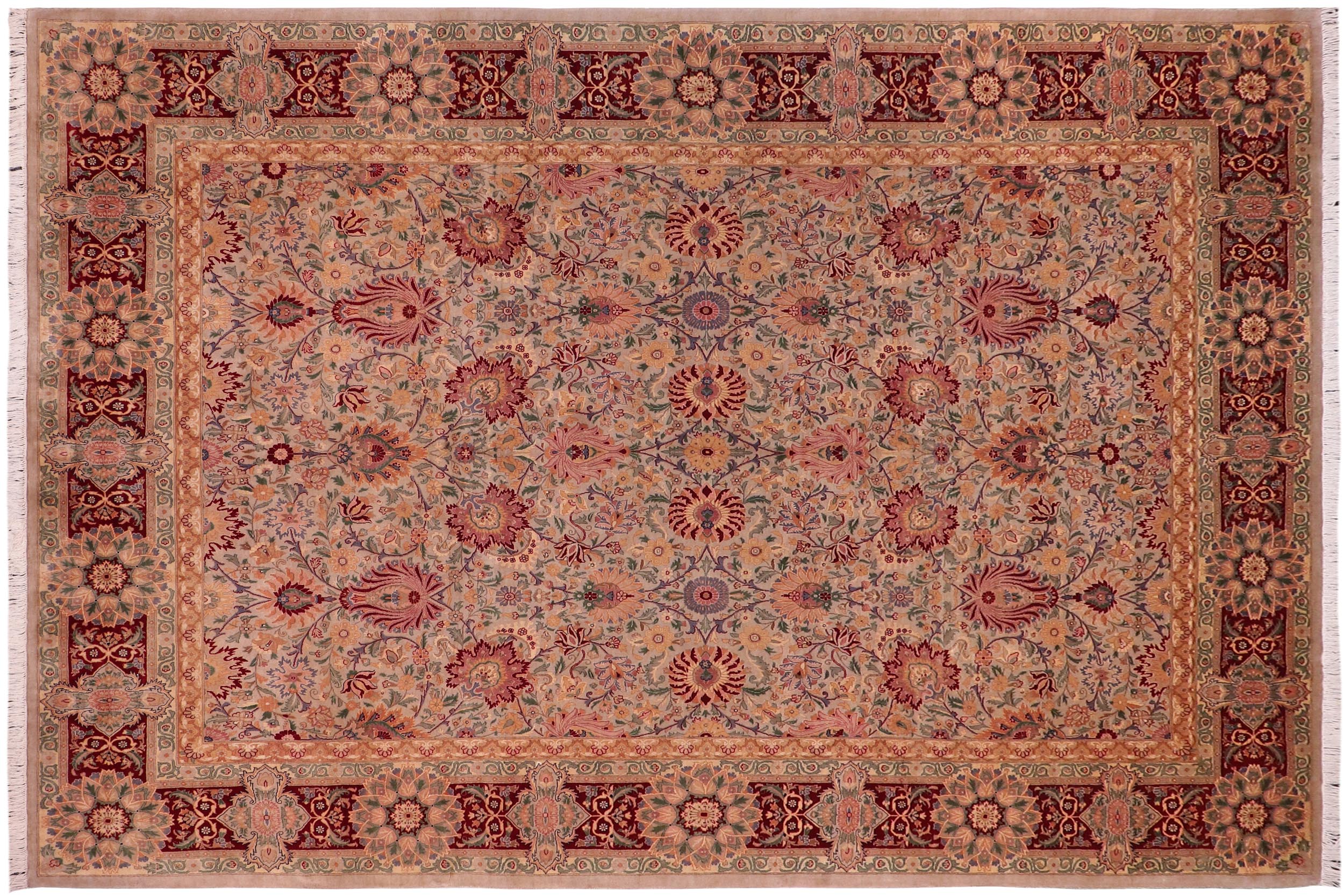 handmade Traditional Lahore Taupe Maroon Hand Knotted RECTANGLE 100% WOOL area rug 9x13