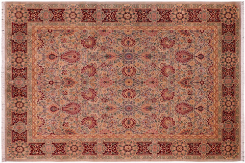 handmade Traditional Lahore Taupe Maroon Hand Knotted RECTANGLE 100% WOOL area rug 9x13
