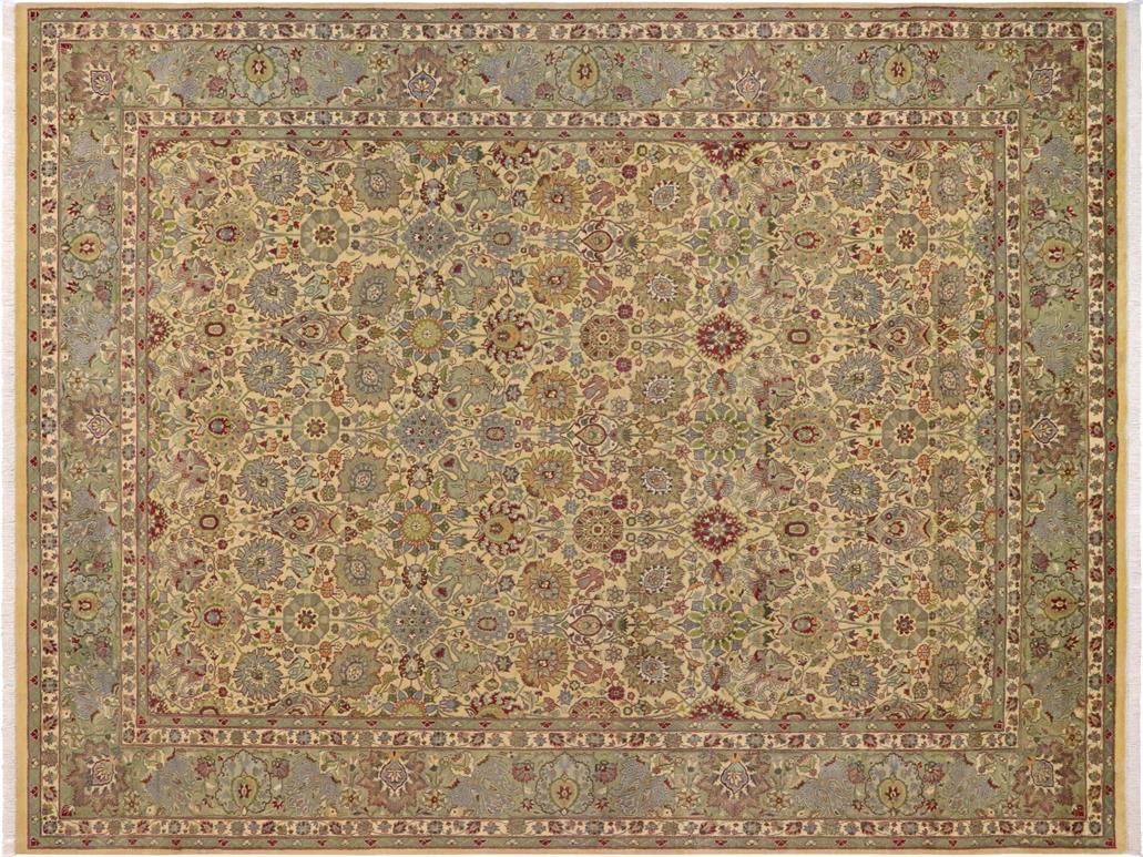 handmade Transitional Tabriz Gold Green Hand Knotted RECTANGLE 100% WOOL area rug 9x12