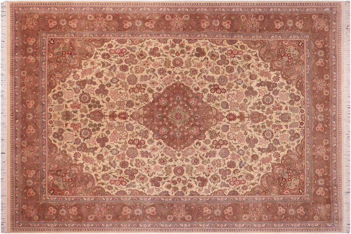 handmade Traditional Kashan Ivory Brown Hand Knotted RECTANGLE 100% WOOL area rug 9x12