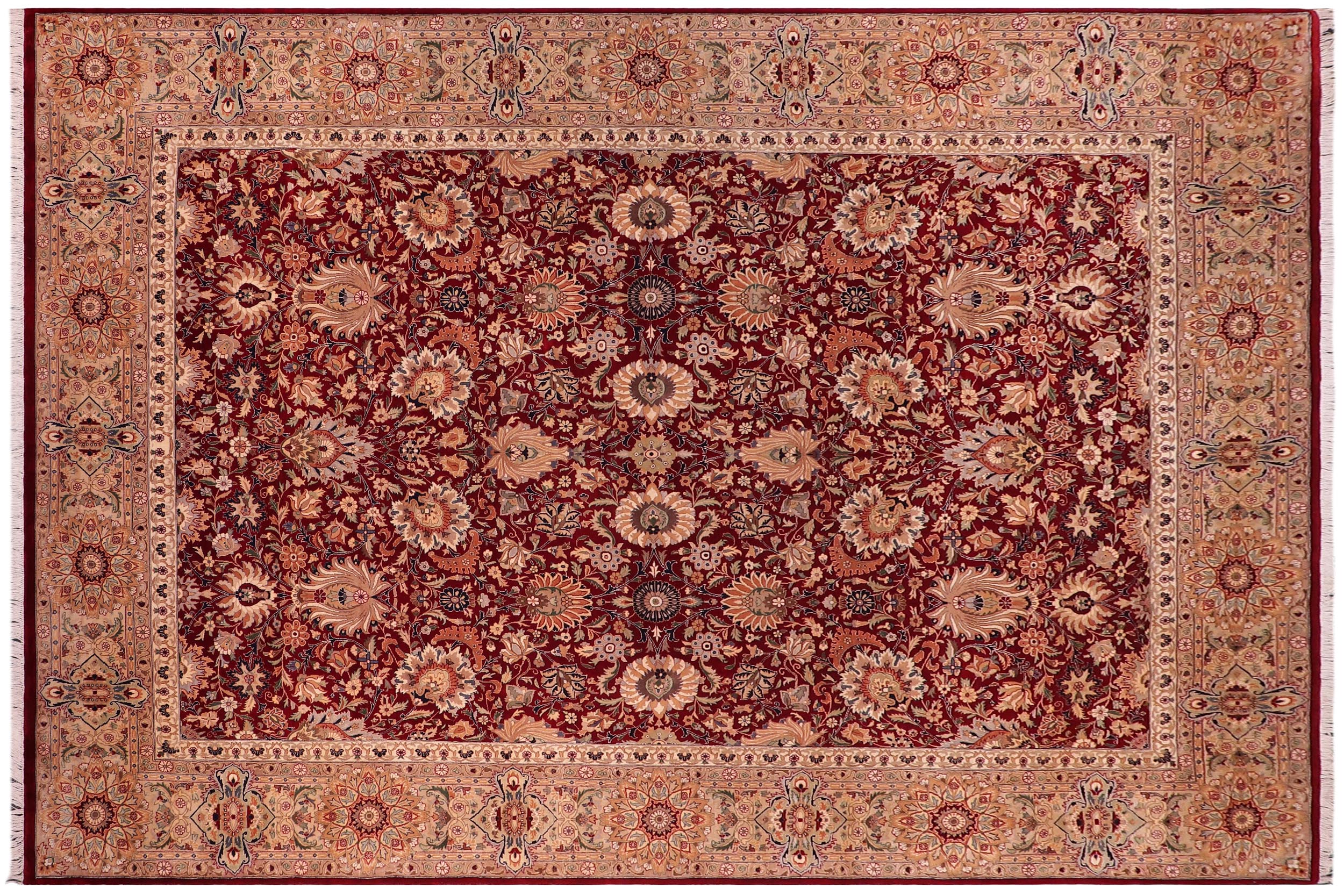 handmade Traditional Lahore Red Beige Hand Knotted RECTANGLE 100% WOOL area rug 9x13