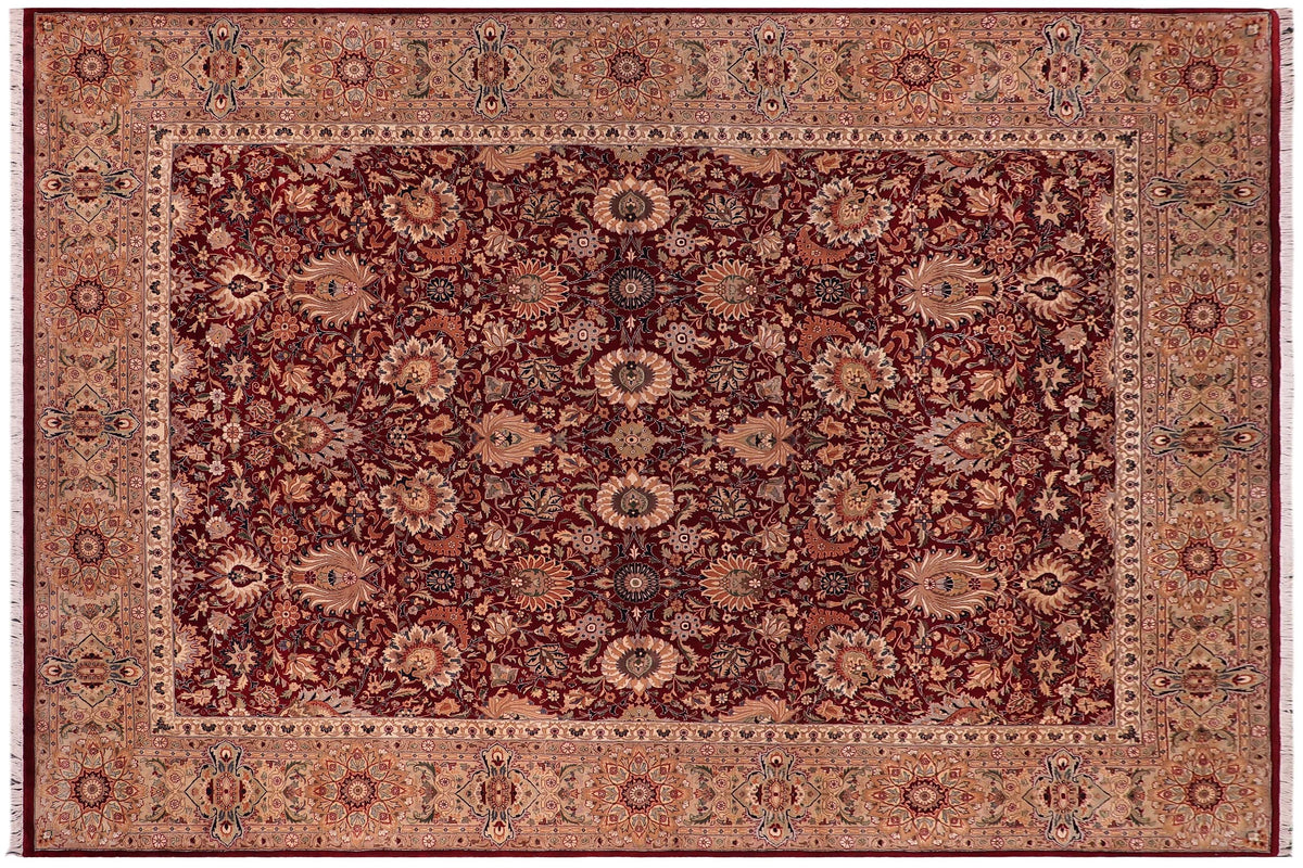 handmade Traditional Lahore Red Beige Hand Knotted RECTANGLE 100% WOOL area rug 9x13
