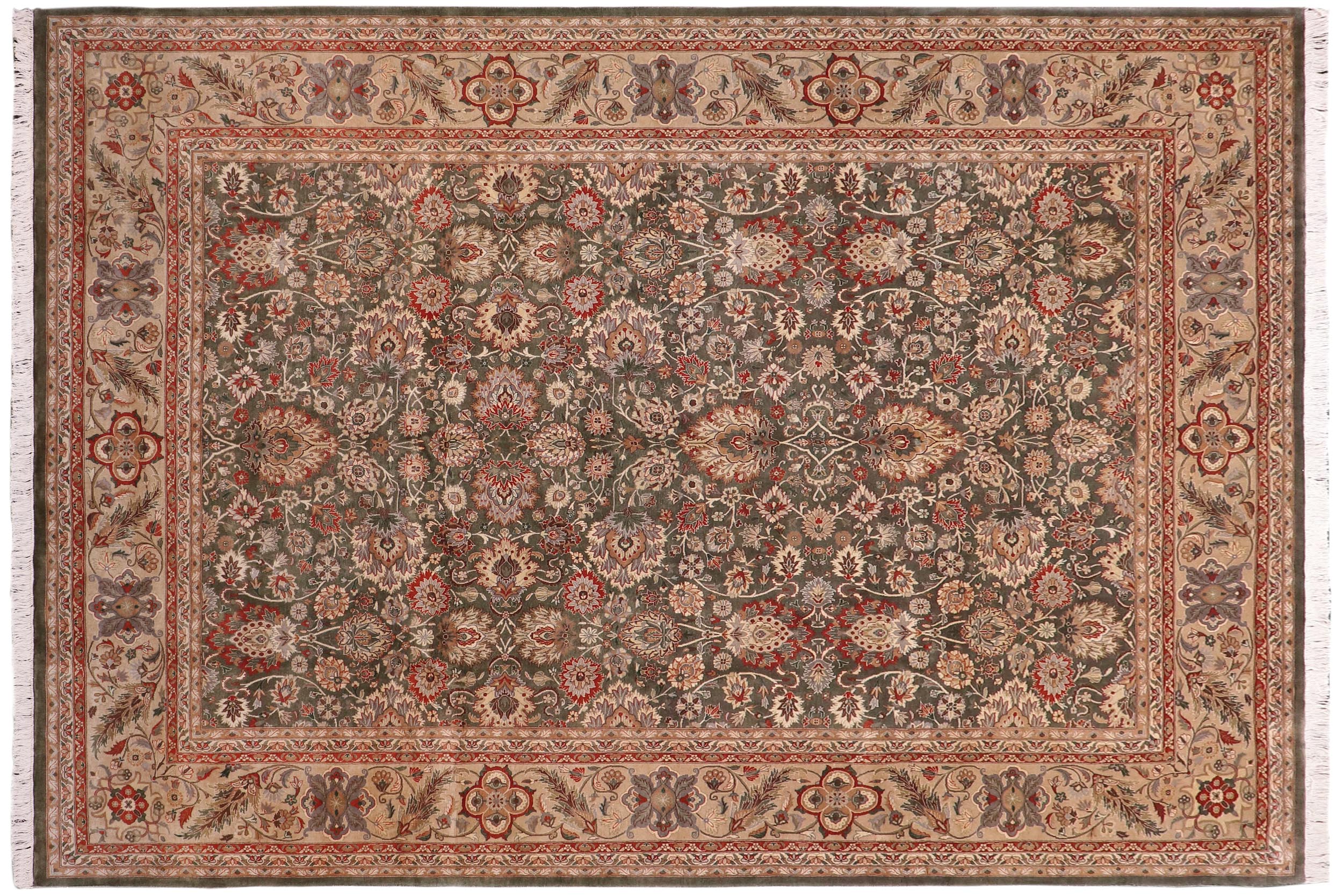 handmade Traditional Mehal Green Tan Hand Knotted RECTANGLE 100% WOOL area rug 9x12