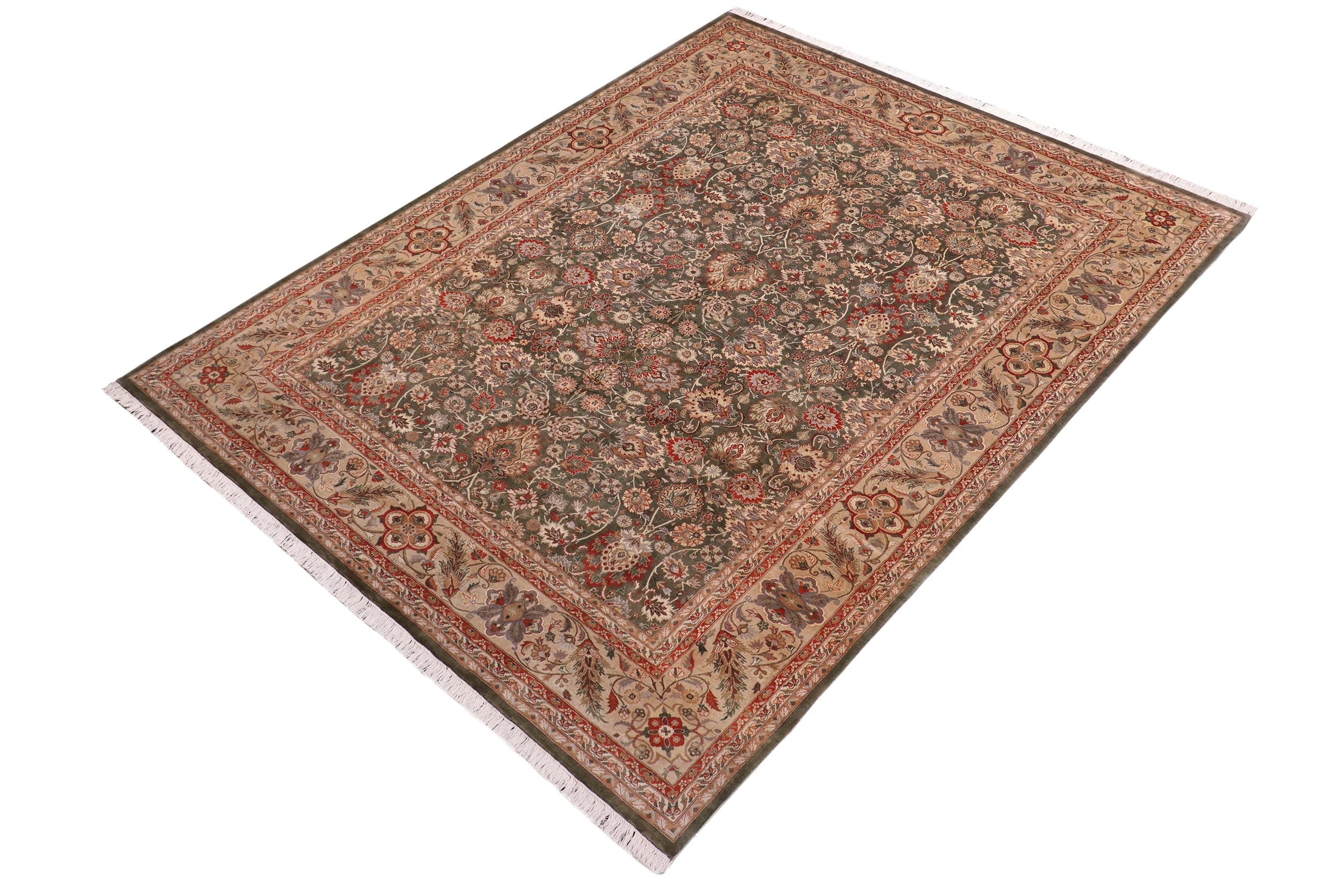 handmade Traditional Mehal Green Tan Hand Knotted RECTANGLE 100% WOOL area rug 9x12
