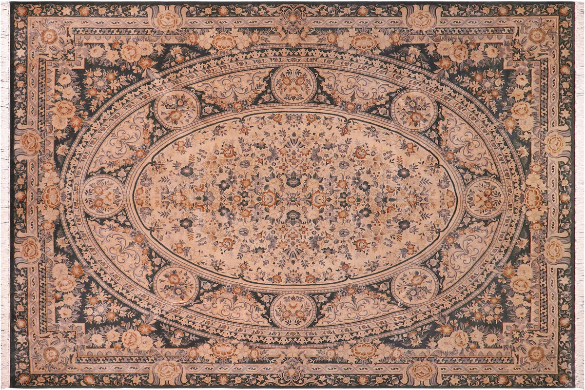 handmade Traditional Abusson Black Tan Hand Knotted RECTANGLE 100% WOOL area rug 9x12