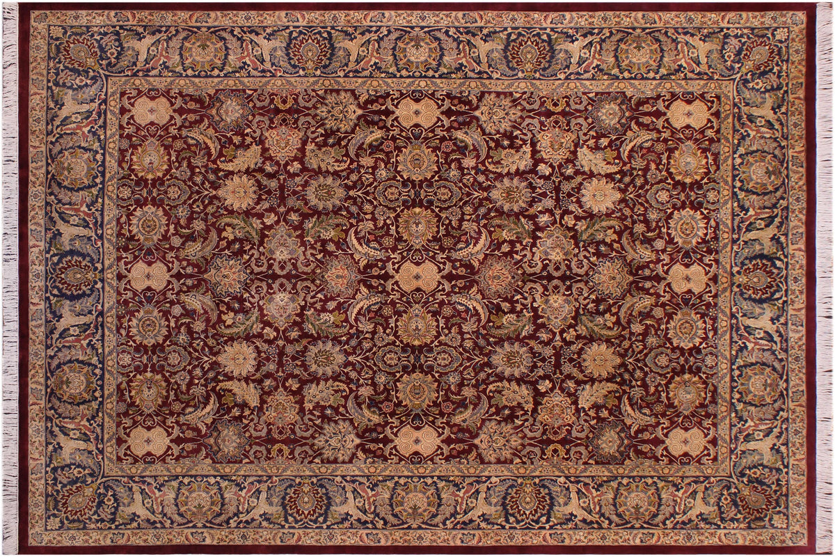 handmade Traditional Agra Maroon Blue Hand Knotted RECTANGLE 100% WOOL area rug 9x12