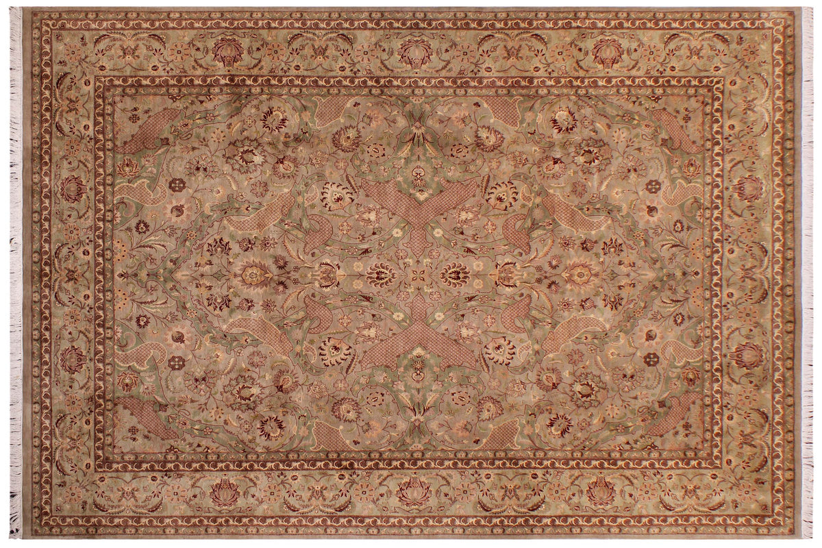 handmade Traditional Agra #2 Taupe Green Hand Knotted RECTANGLE 100% WOOL area rug 9x12
