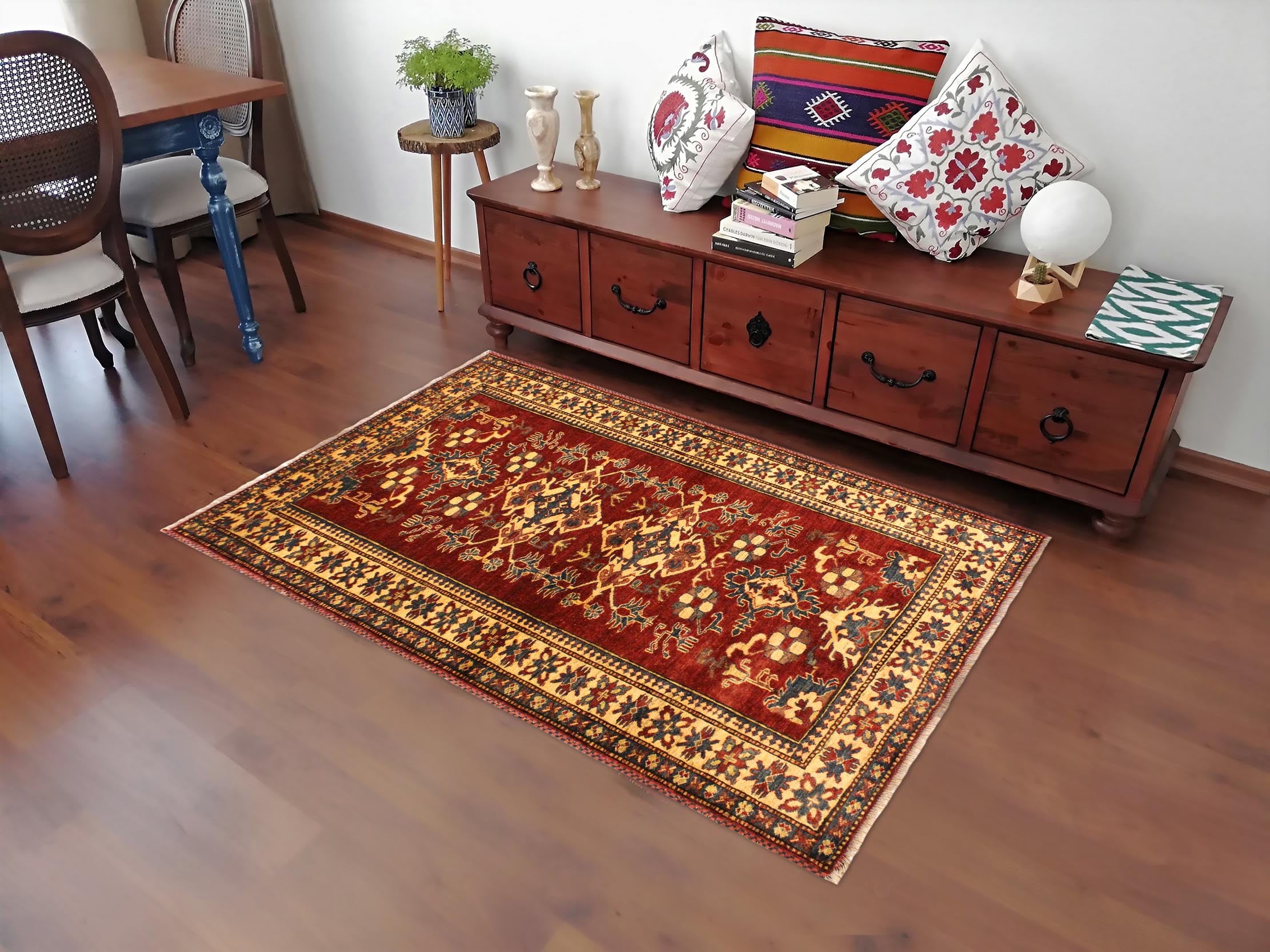 handmade Geometric Super Kazak Red Gold Hand Knotted RECTANGLE 100% WOOL area rug 4' x 6'