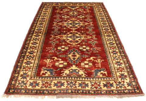 handmade Geometric Super Kazak Red Gold Hand Knotted RECTANGLE 100% WOOL area rug 4' x 6'