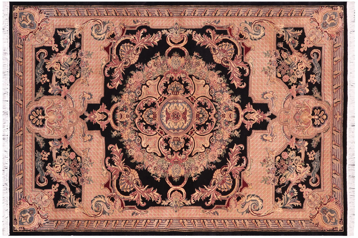 handmade Traditional Savonarrie Black Tan Hand Knotted RECTANGLE 100% WOOL area rug 5x7