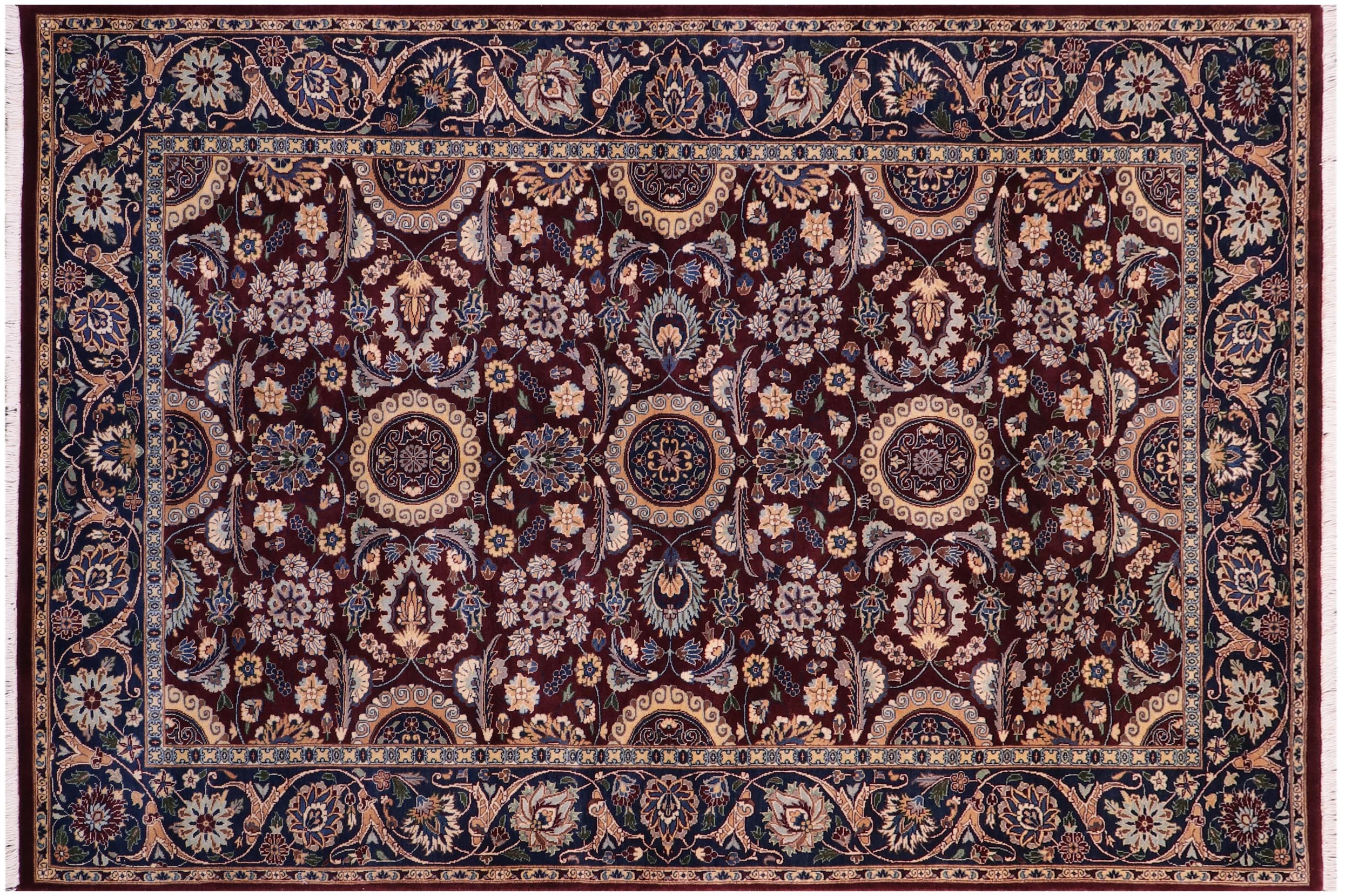 handmade Transitional Agra Tabriz Maroon Blue Hand Knotted RECTANGLE 100% WOOL area rug 5x7