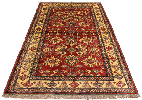 handmade Geometric Super Kazak Red Gold Hand Knotted RECTANGLE 100% WOOL area rug 4' x 5'