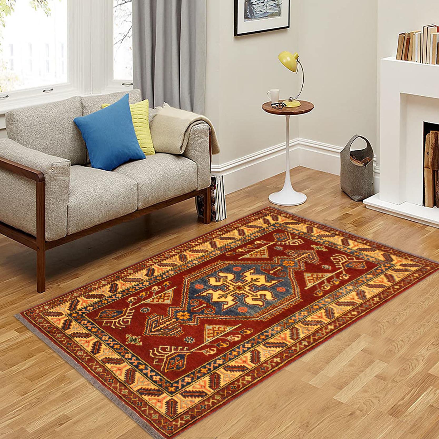 handmade Geometric Super Kazak Rust Tan Hand Knotted RECTANGLE 100% WOOL area rug 4' x 5'