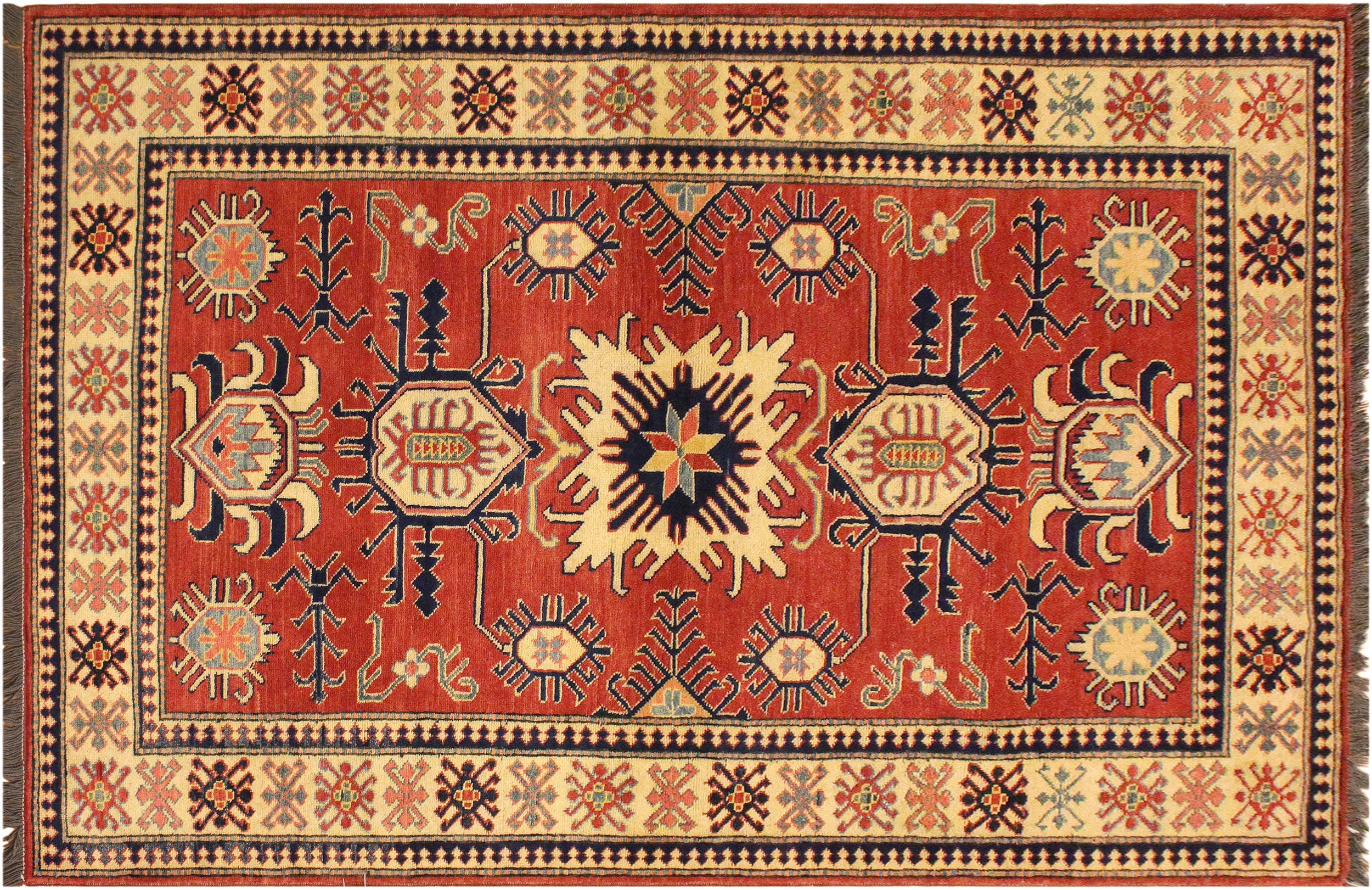handmade Geometric Super Kazak Rust Beige Hand Knotted RECTANGLE 100% WOOL area rug 4' x 6'