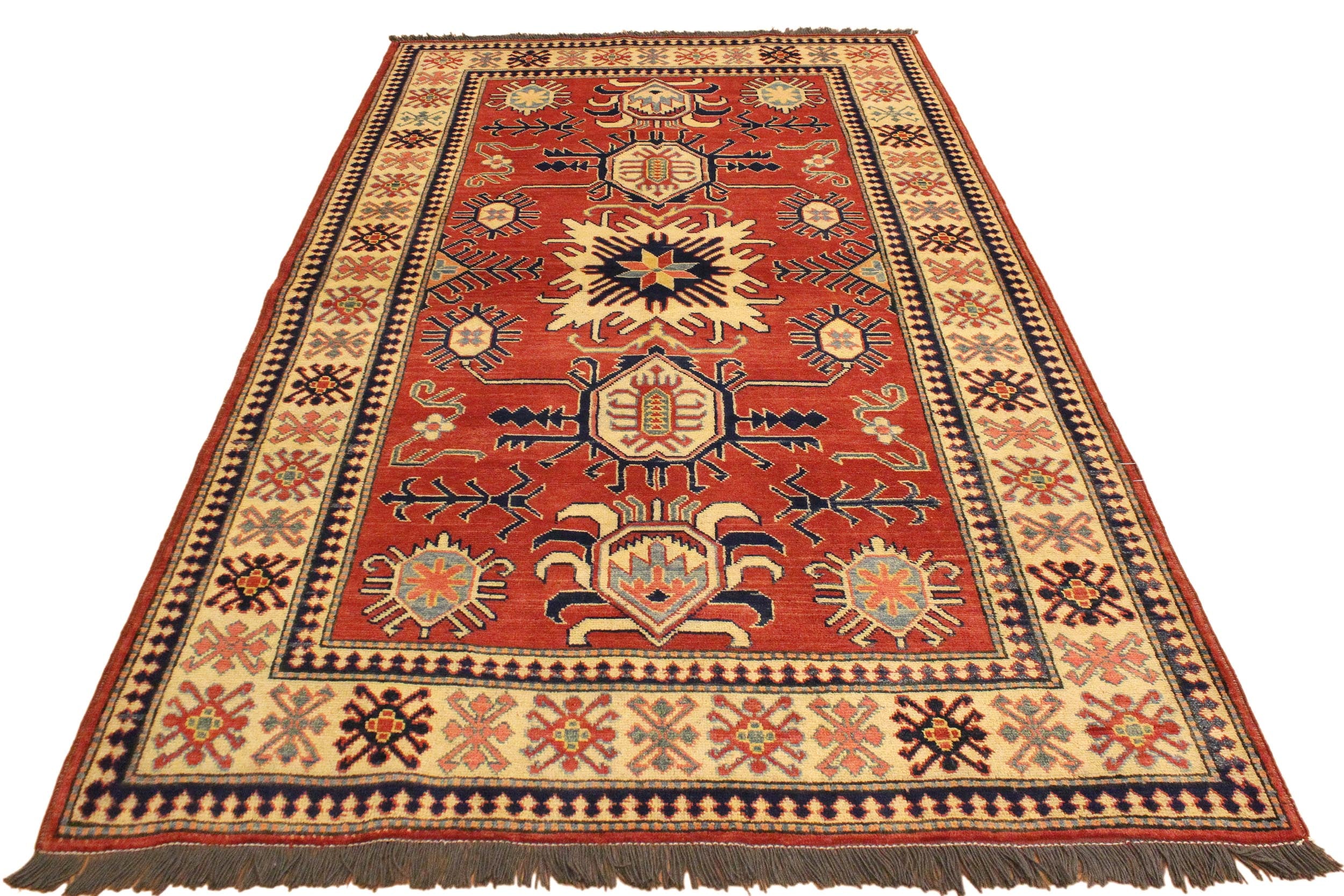 handmade Geometric Super Kazak Rust Beige Hand Knotted RECTANGLE 100% WOOL area rug 4' x 6'