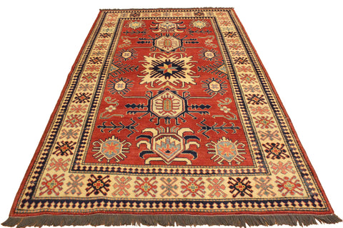 handmade Geometric Super Kazak Rust Beige Hand Knotted RECTANGLE 100% WOOL area rug 4' x 6'