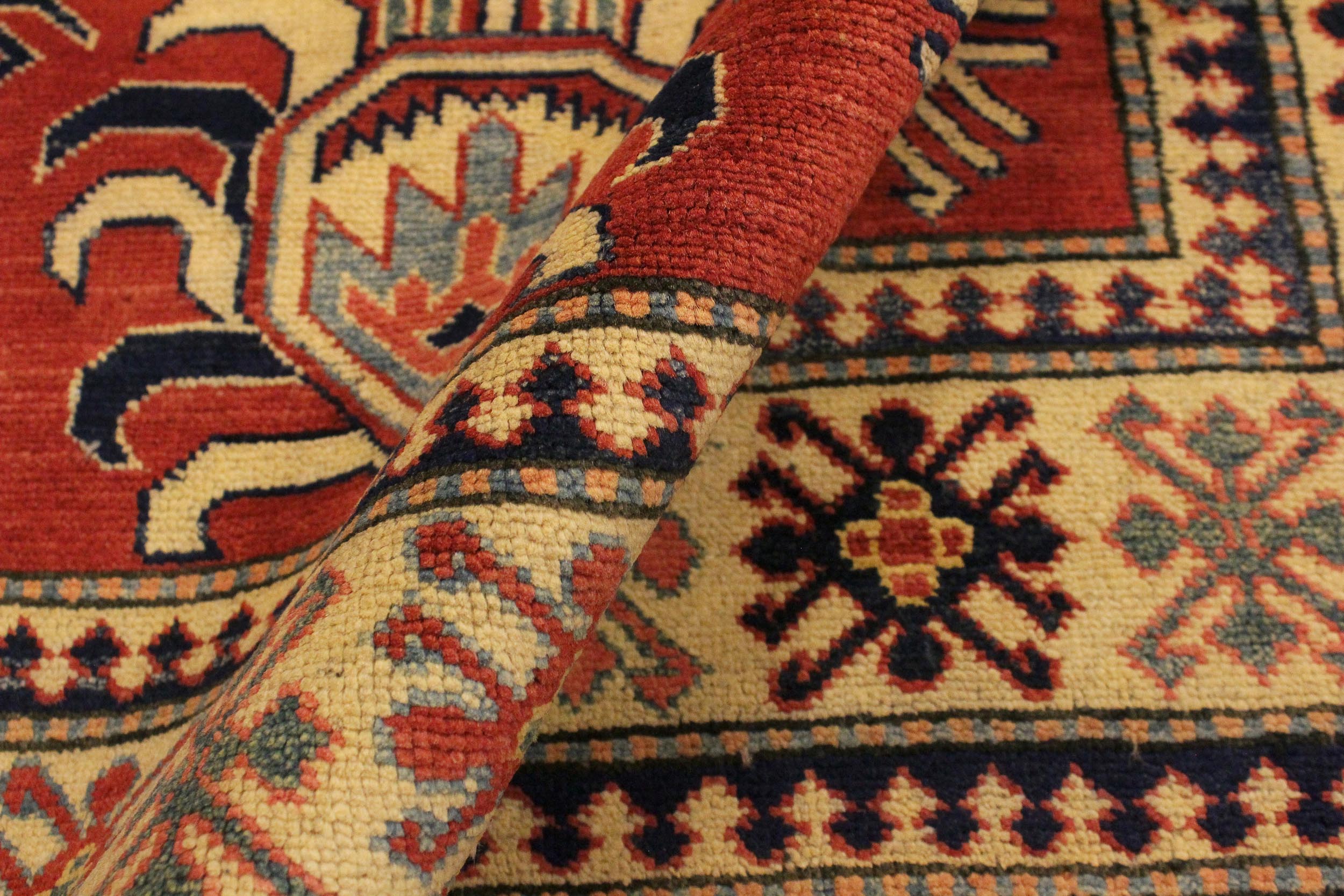 handmade Geometric Super Kazak Rust Beige Hand Knotted RECTANGLE 100% WOOL area rug 4' x 6'