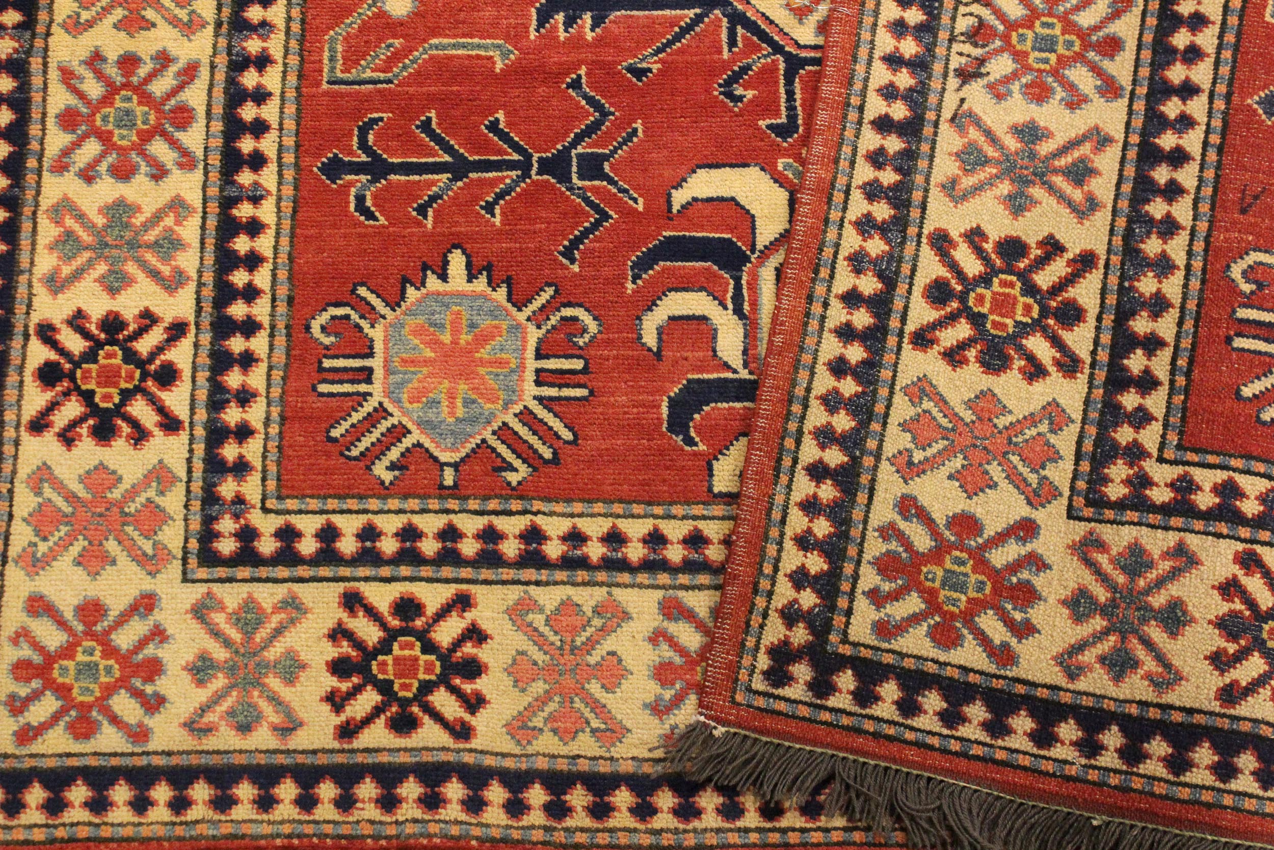 handmade Geometric Super Kazak Rust Beige Hand Knotted RECTANGLE 100% WOOL area rug 4' x 6'
