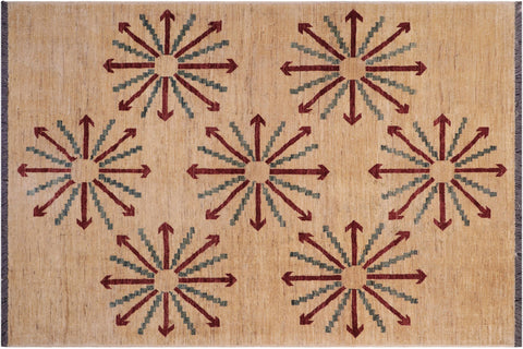 handmade Modern Kafkaz Tan Red Hand Knotted RECTANGLE 100% WOOL area rug 5' x 7'
