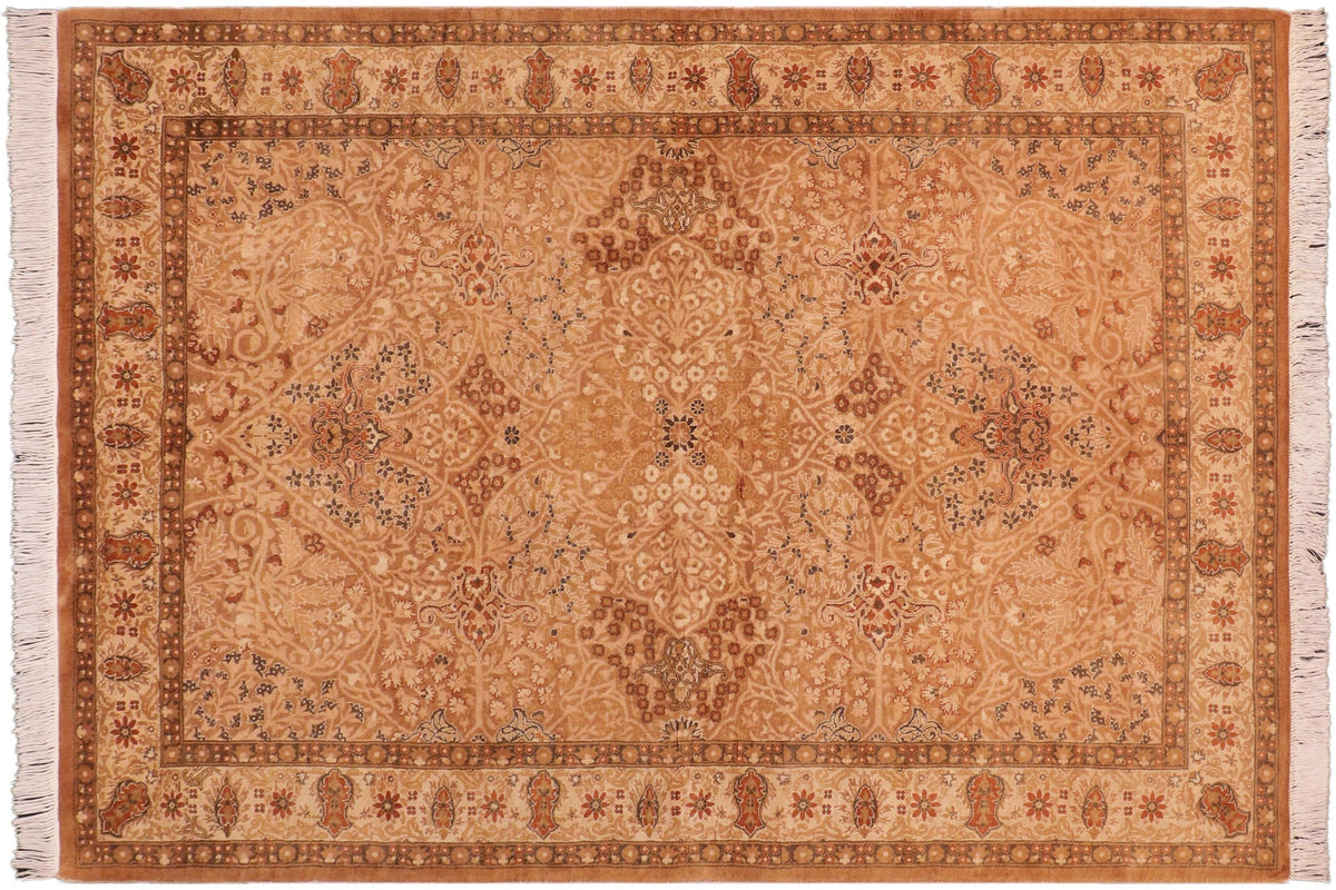 handmade Traditional New Wahid Gold Beige Hand Knotted RECTANGLE 100% WOOL area rug 5x7