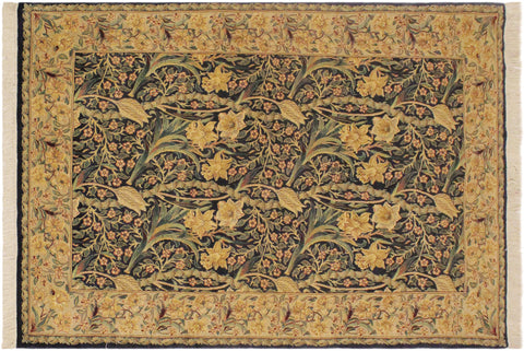 handmade Transitional Dafodils Blue Taupe Hand Knotted RECTANGLE 100% WOOL area rug 4x6