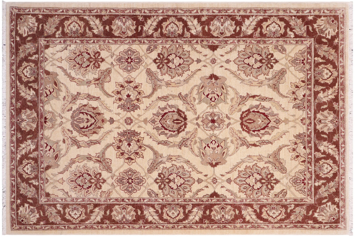handmade Transitional Kafkaz Ivory Brown Hand Knotted RECTANGLE 100% WOOL area rug 5' x 7'