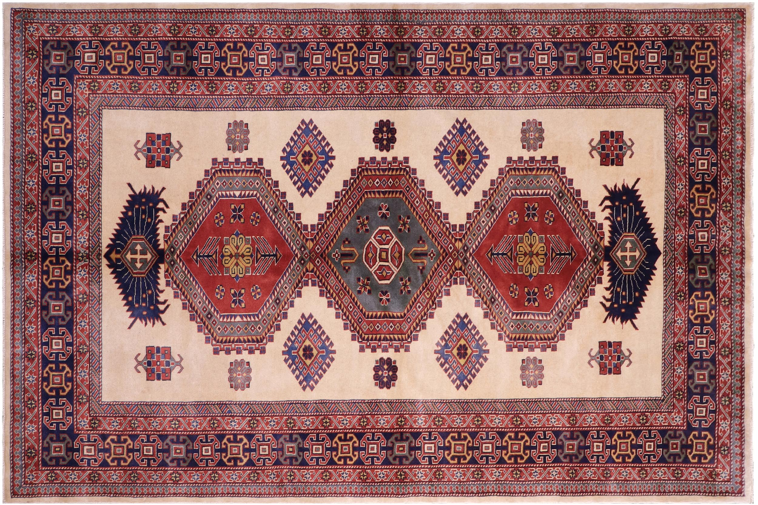 handmade Geometric Sherwan Beige Blue Hand Knotted RECTANGLE 100% WOOL area rug 5x7