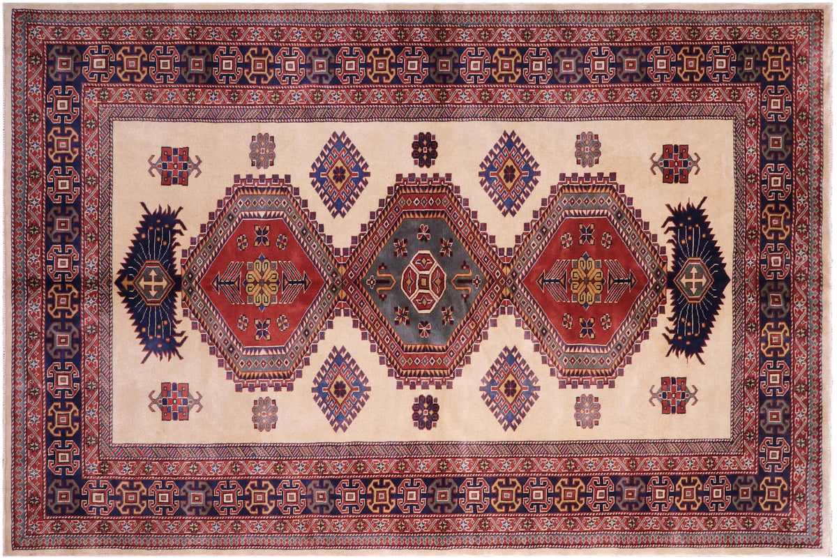 handmade Geometric Sherwan Beige Blue Hand Knotted RECTANGLE 100% WOOL area rug 5x7
