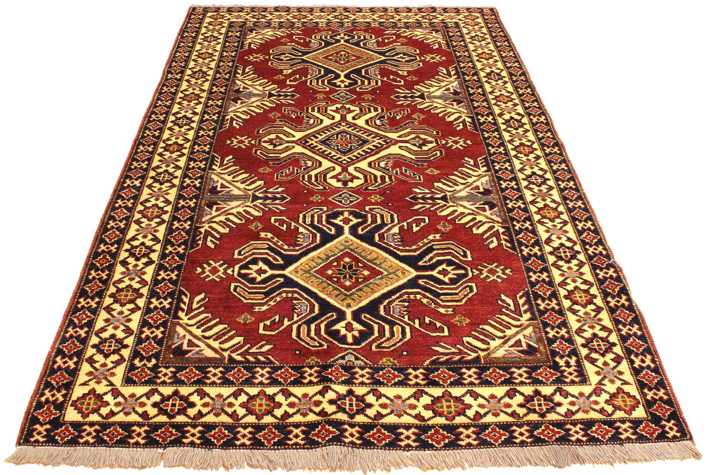 handmade Geometric Super Kazak Red Beige Hand Knotted RECTANGLE 100% WOOL area rug 4' x 6'