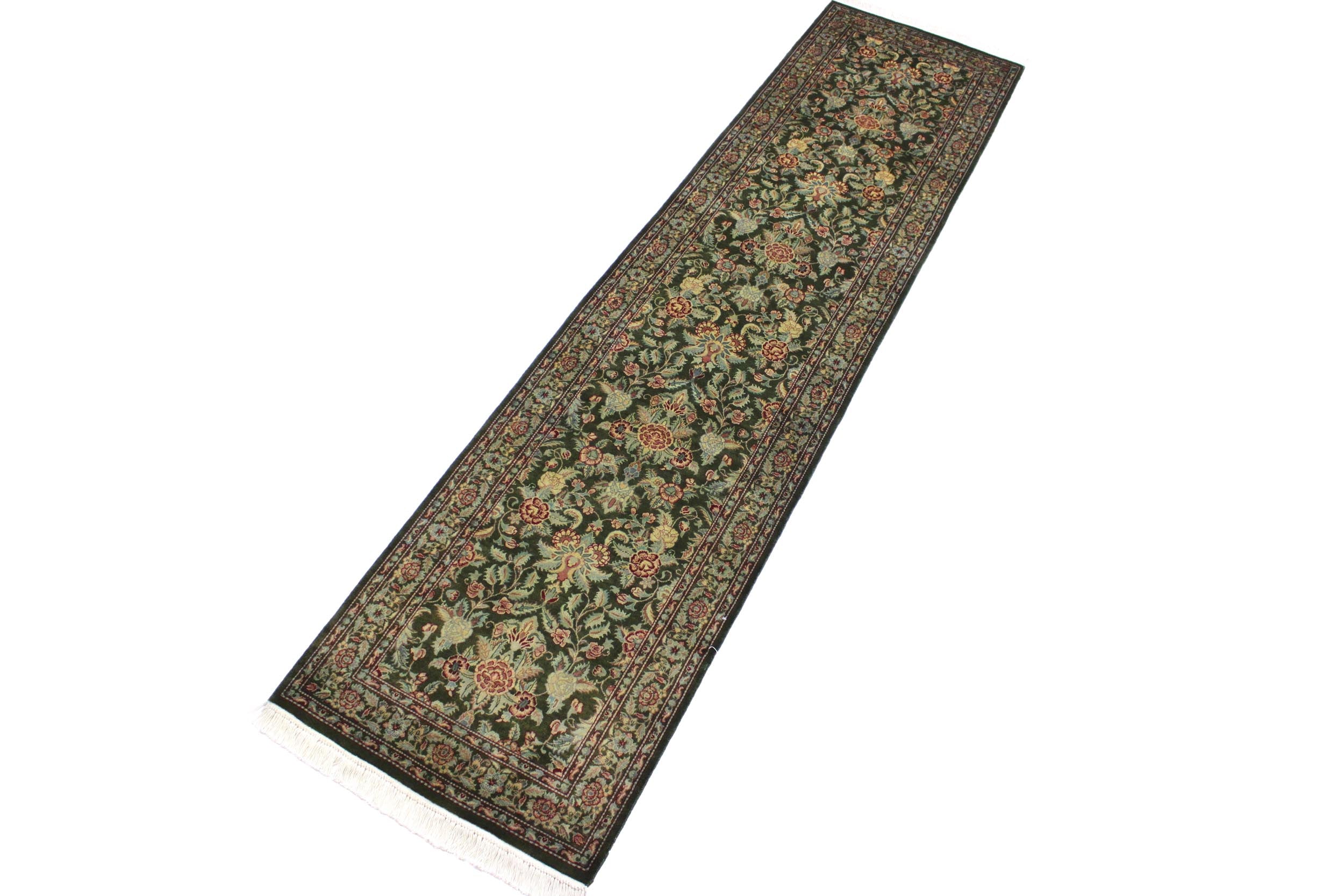 handmade Traditional Kashan Green Red Hand Knotted RUNNER 100% WOOL area rug 3' x 11'