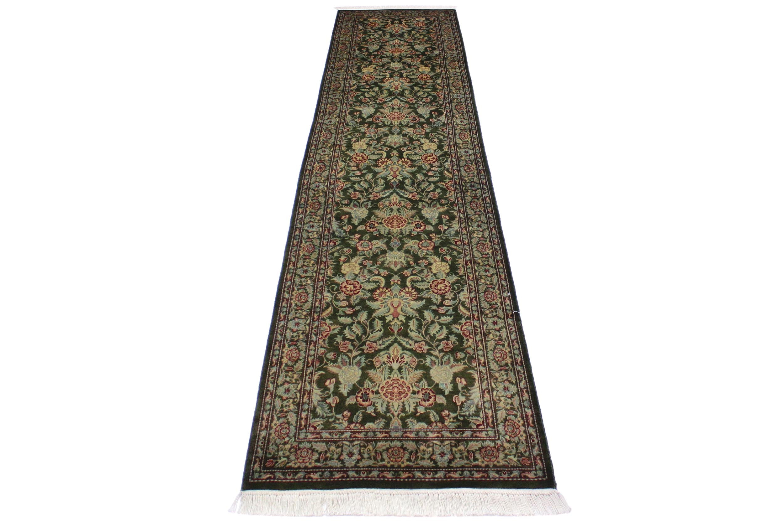 handmade Traditional Kashan Green Red Hand Knotted RUNNER 100% WOOL area rug 3' x 11'