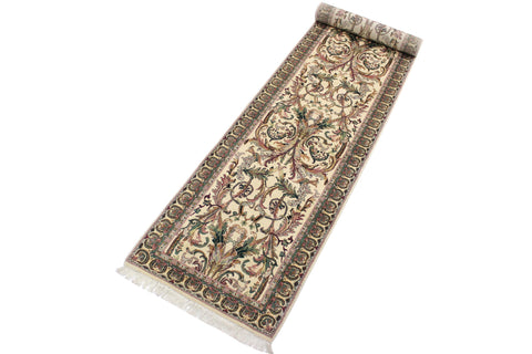 handmade Traditional Bhati Beige Green Hand Knotted RUNNER 100% WOOL area rug 3' x 12'