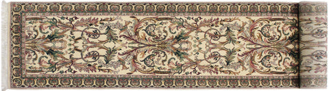 handmade Traditional Bhati Beige Green Hand Knotted RUNNER 100% WOOL area rug 3' x 12'