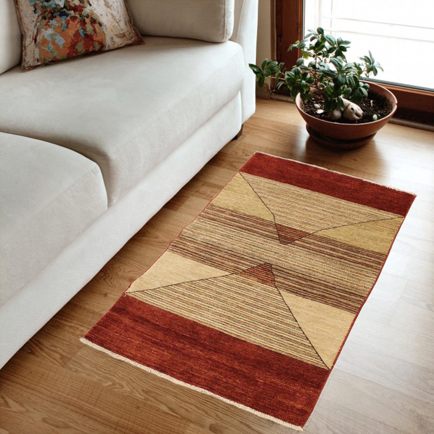 handmade Modern Gabbeh Beige Red Hand Knotted RECTANGLE 100% WOOL area rug 3' x 5'